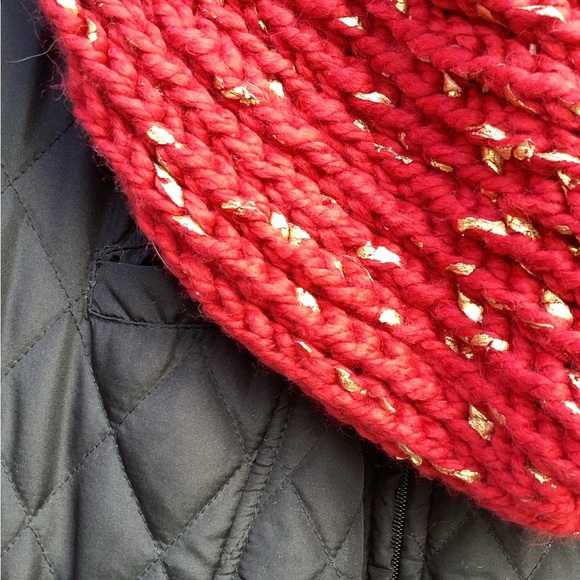 Cowl Scarf Hooded Chunky Infinity Hand Crafted Red Gold Knit Winter Essential - Picture 7 of 16